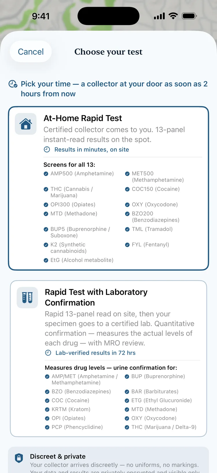 The Testr ordering screen with both tests and all 13 panels listed
