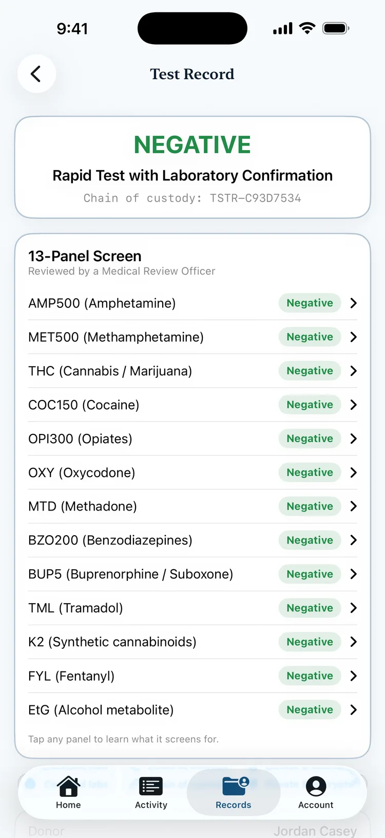 A Testr test record showing a negative result with every panel named