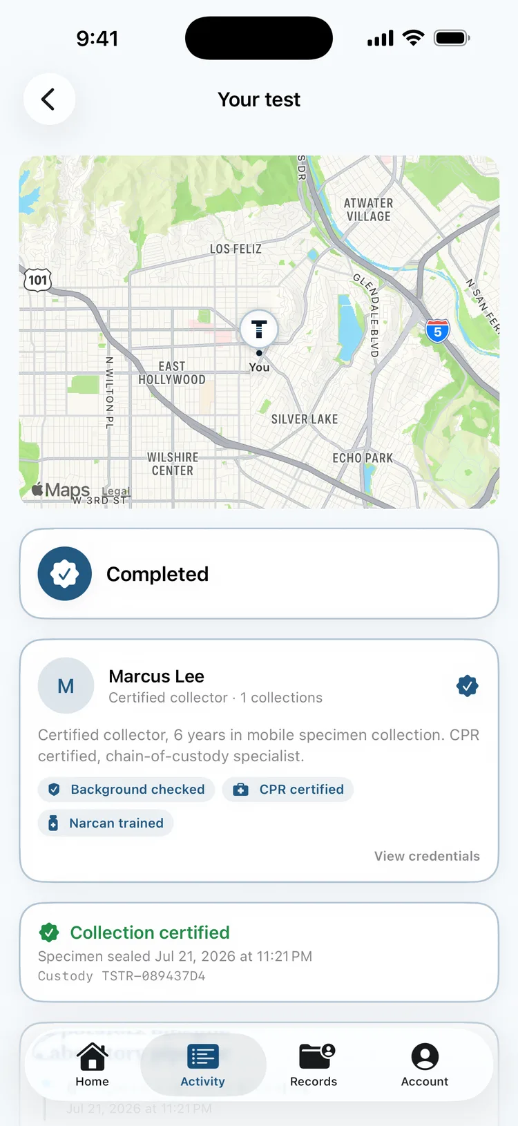 Live tracking in the Testr app: your collector on the map with verified credentials