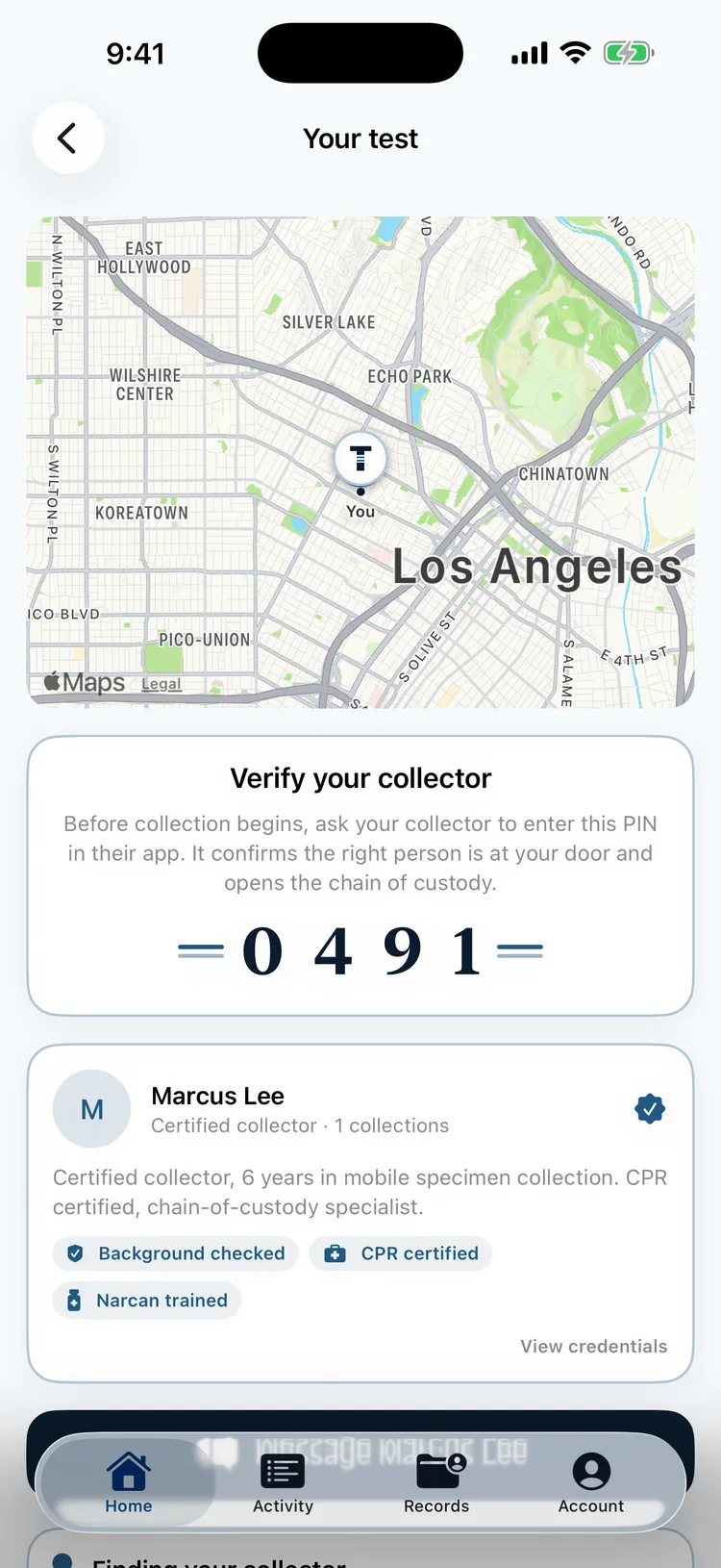 The Testr app at arrival, showing the client's 4-digit door PIN
